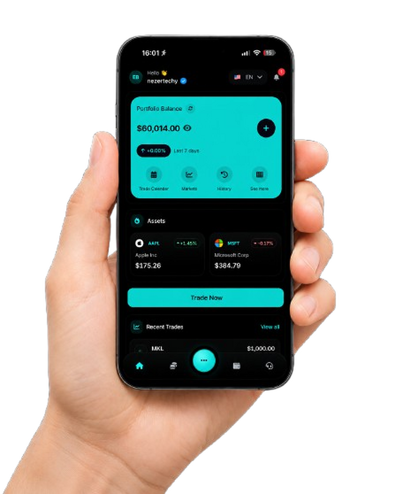 Hand holding phone with investing experience on screen